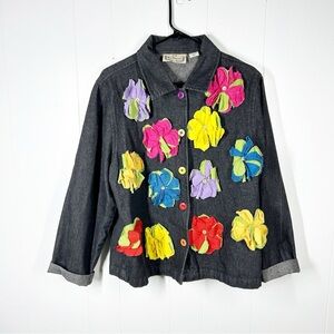 New Direction Denim Floral Applique Cottagecore Whimsical Hippie Jacket XL